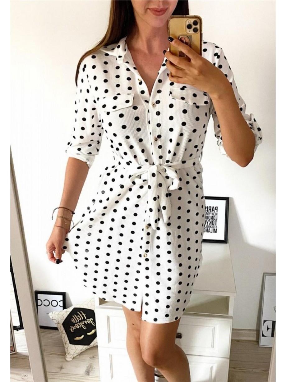 Rochie ieftina casual stil camasa alba cu puncte mari si cordon in talie