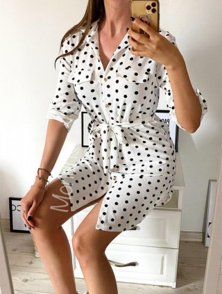 Rochie ieftina casual stil camasa alba cu puncte mari si cordon in talie