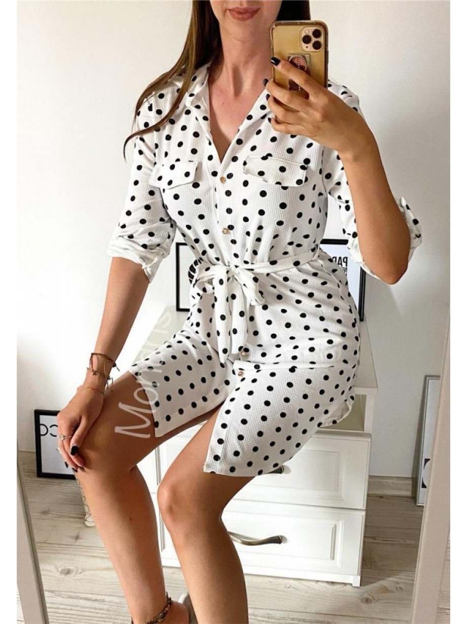 Rochie ieftina casual stil camasa alba cu puncte mari si cordon in talie