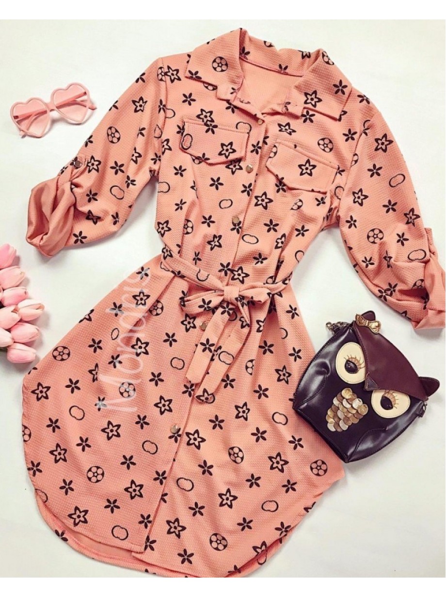 Rochie ieftina casual stil camasa roz cu stelute si cordon in talie
