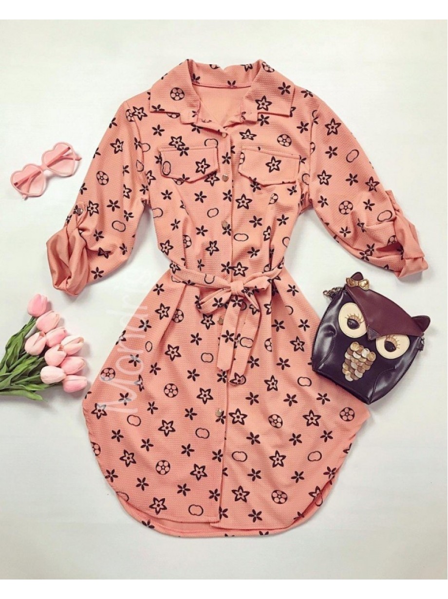 Rochie ieftina casual stil camasa roz cu stelute si cordon in talie