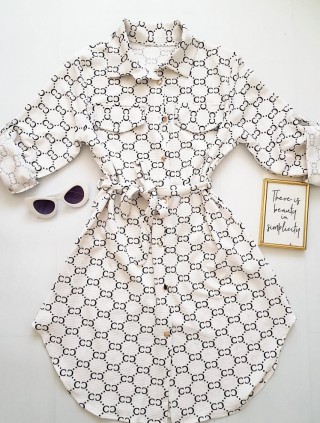 Rochie ieftina casual stil camasa alba si cordon in talie cu imprimeu zale