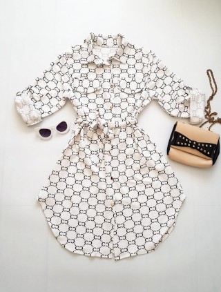 Rochie ieftina casual stil camasa alba si cordon in talie cu imprimeu zale