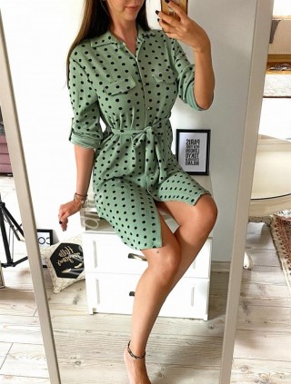 Rochie ieftina casual stil camasa verde cu puncte mari si cordon in talie