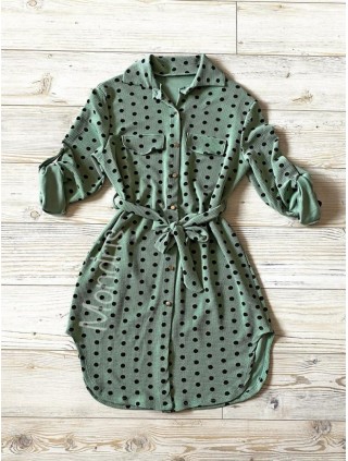 Rochie ieftina casual stil camasa verde cu puncte mari si cordon in talie