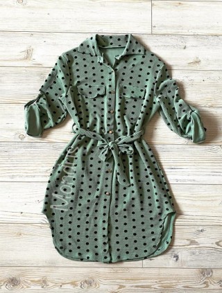 Rochie ieftina casual stil camasa verde cu puncte mari si cordon in talie
