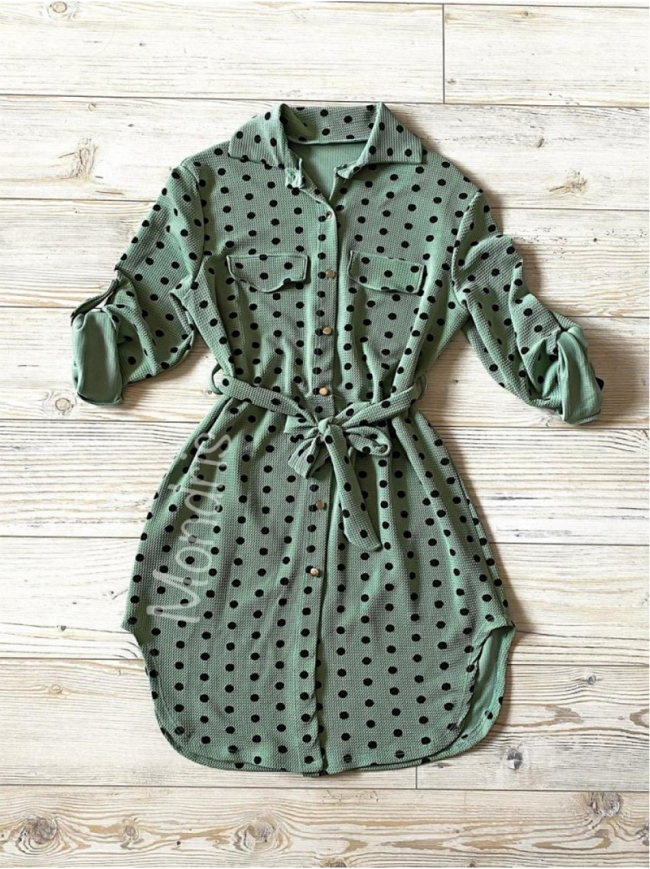 Rochie ieftina casual stil camasa verde cu puncte mari si cordon in talie