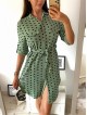 Rochie ieftina casual stil camasa verde cu puncte mari si cordon in talie