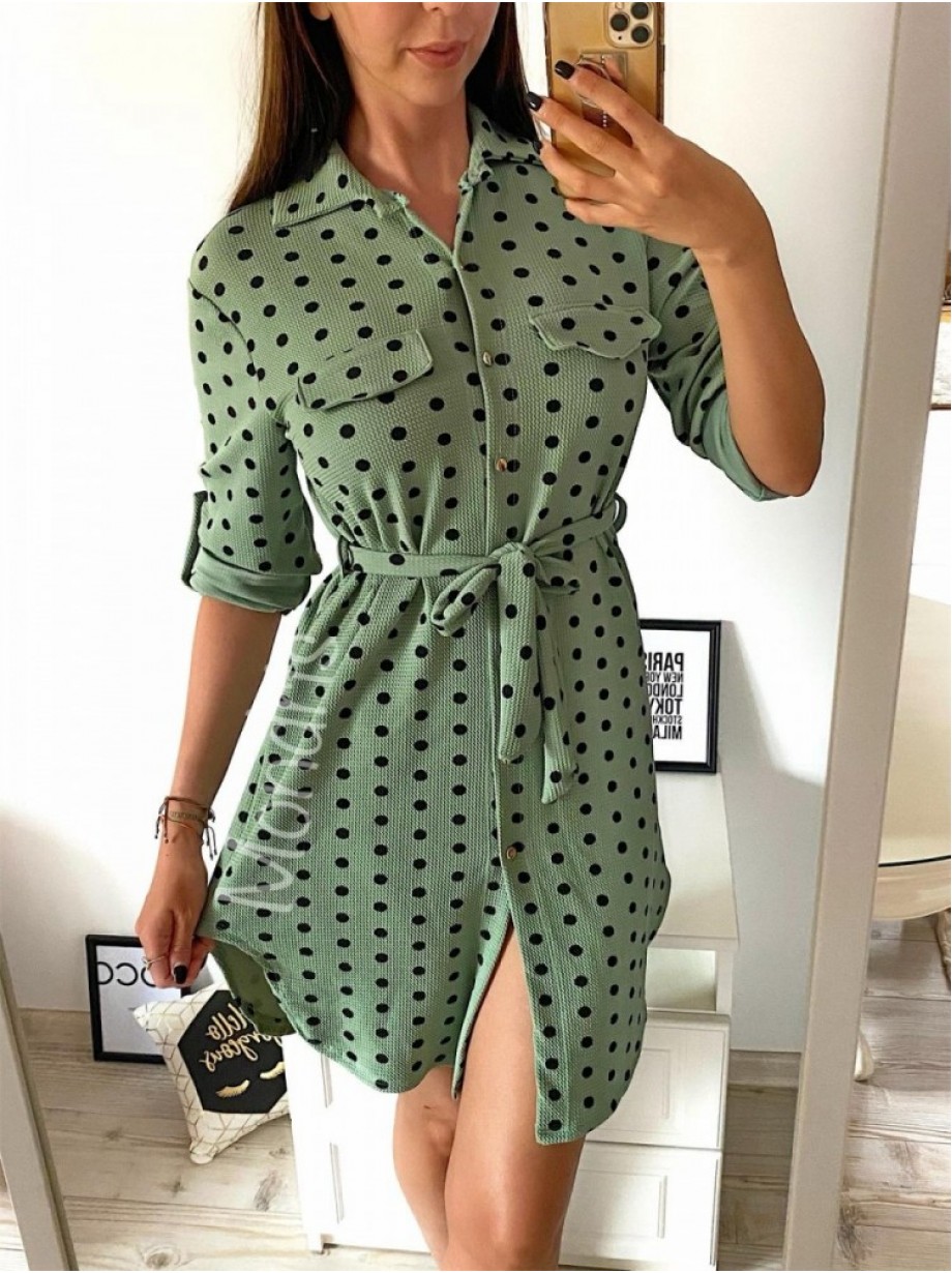 Rochie ieftina casual stil camasa verde cu puncte mari si cordon in talie