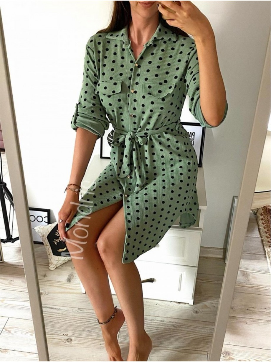 Rochie ieftina casual stil camasa verde cu puncte mari si cordon in talie