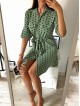 Rochie ieftina casual stil camasa verde cu puncte mari si cordon in talie