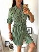 Rochie ieftina casual stil camasa verde cu puncte mari si cordon in talie