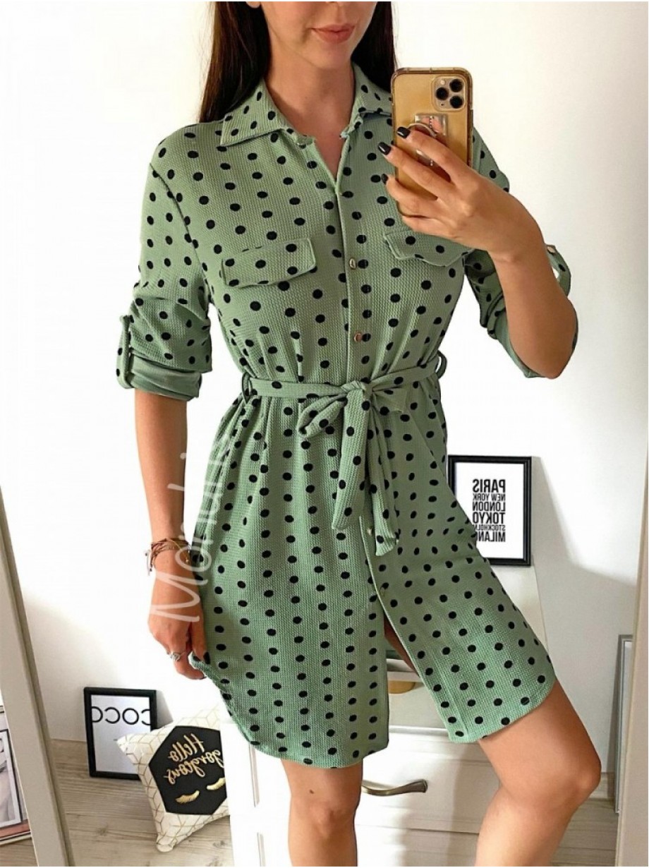 Rochie ieftina casual stil camasa verde cu puncte mari si cordon in talie