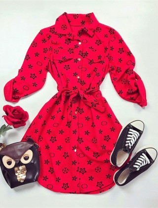 Rochie ieftina casual stil camasa rosie cu stelute si cordon in talie
