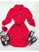 Rochie ieftina casual stil camasa rosie cu stelute si cordon in talie