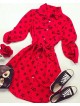 Rochie ieftina casual stil camasa rosie cu stelute si cordon in talie