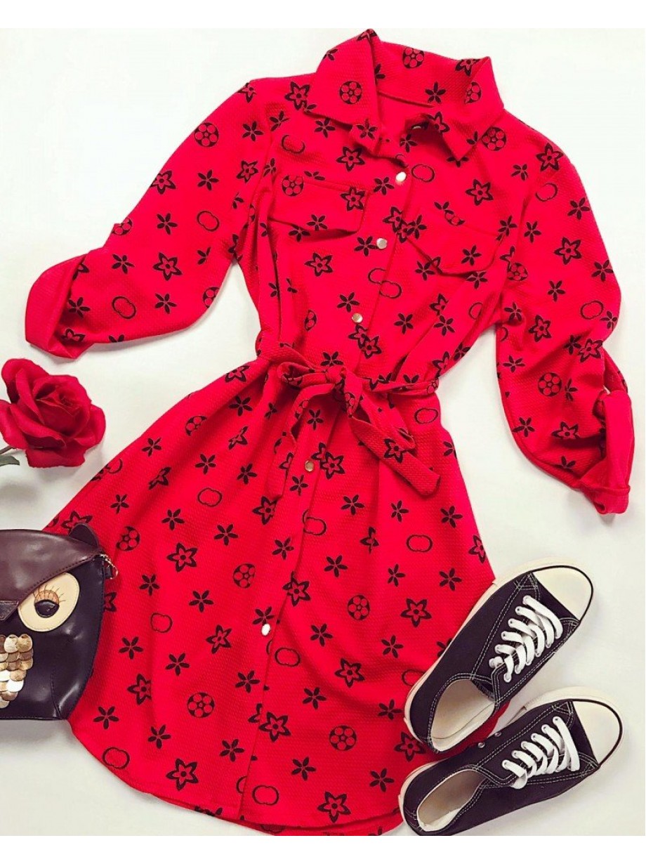 Rochie ieftina casual stil camasa rosie cu stelute si cordon in talie