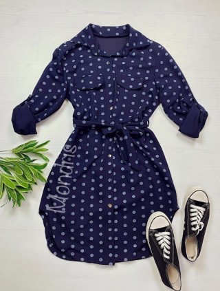 Rochie ieftina casual stil camasa bleumarin cu puncte mari si cordon in talie