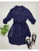 Rochie ieftina casual stil camasa bleumarin cu puncte mari si cordon in talie