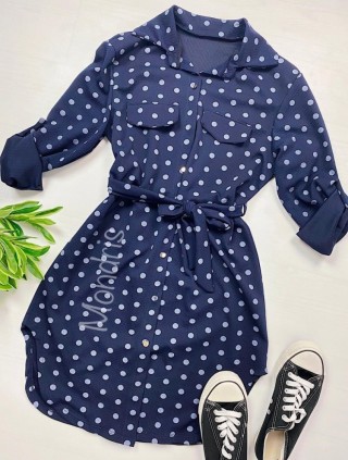Rochie ieftina casual stil camasa bleumarin cu puncte mari si cordon in talie