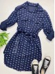 Rochie ieftina casual stil camasa bleumarin cu puncte mari si cordon in talie