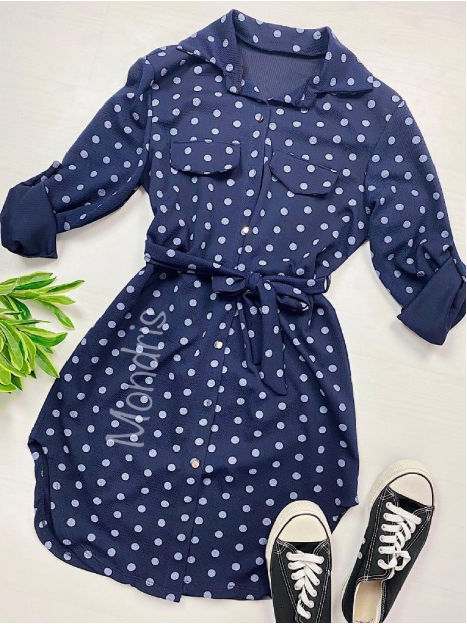 Rochie ieftina casual stil camasa bleumarin cu puncte mari si cordon in talie