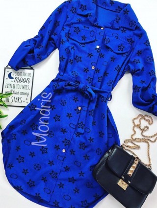Rochie ieftina casual stil camasa albastra cu stelute si cordon in talie