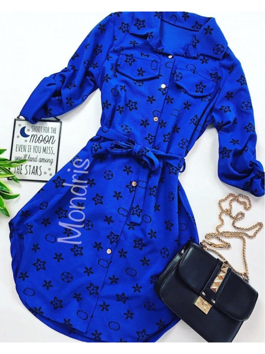 Rochie ieftina casual stil camasa albastra cu stelute si cordon in talie