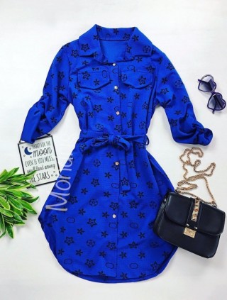 Rochie ieftina casual stil camasa albastra cu stelute si cordon in talie