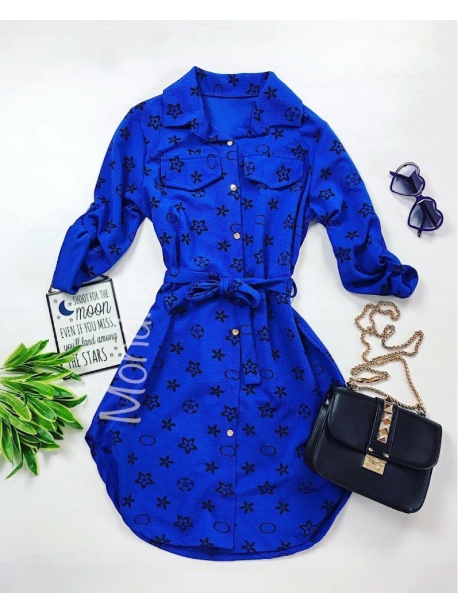 Rochie ieftina casual stil camasa albastra cu stelute si cordon in talie