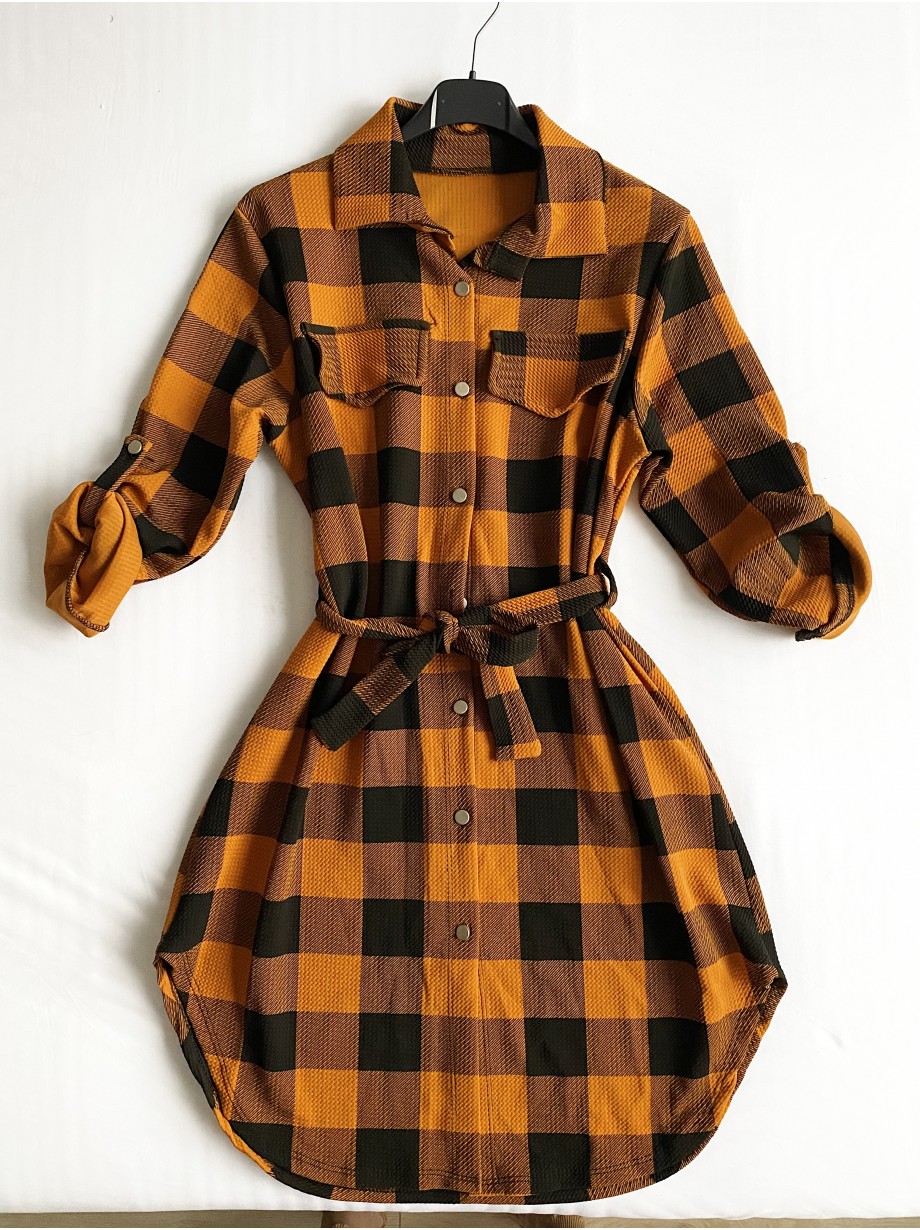 Rochie ieftina casual stil camasa lunga galbena cu carouri si cordon in talie