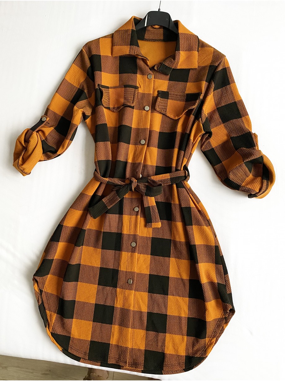 Rochie ieftina casual stil camasa lunga galbena cu carouri si cordon in talie