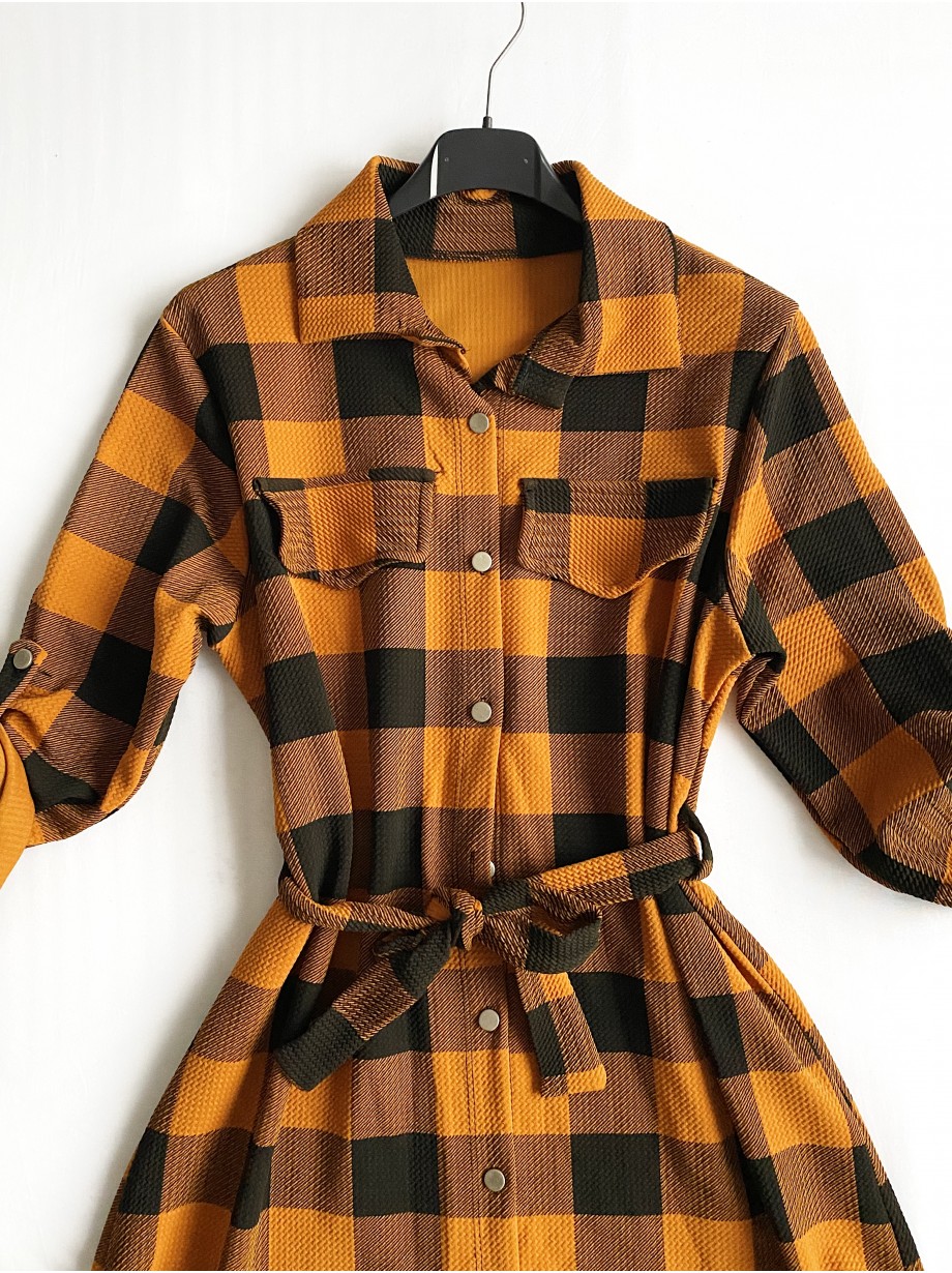 Rochie ieftina casual stil camasa lunga galbena cu carouri si cordon in talie