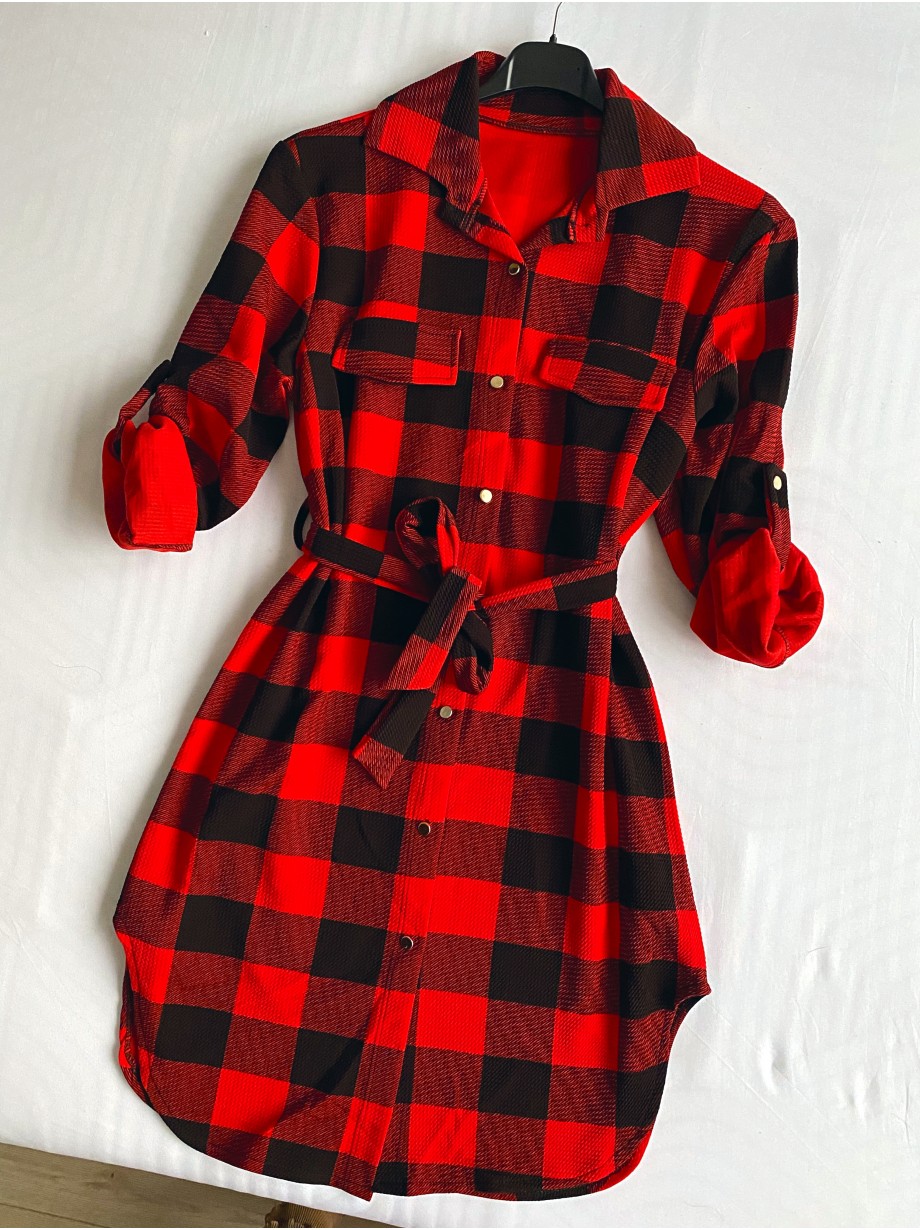 Rochie ieftina casual stil camasa lunga rosie cu carouri si cordon in talie