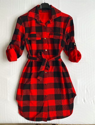 Rochie ieftina casual stil camasa lunga rosie cu carouri si cordon in talie