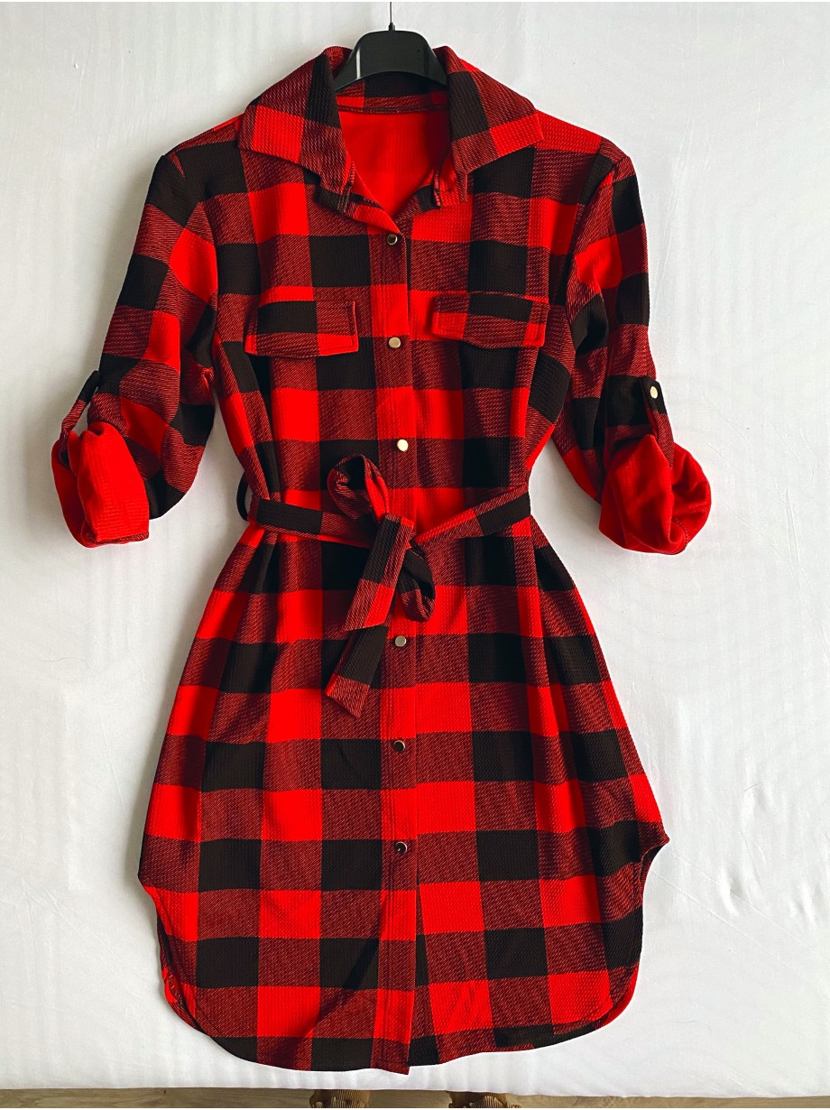 Rochie ieftina casual stil camasa lunga rosie cu carouri si cordon in talie