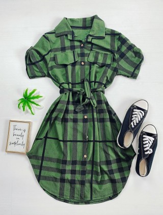 Rochie ieftina casual scurta stil camasa khaki si cordon in talie cu imprimeu dungi