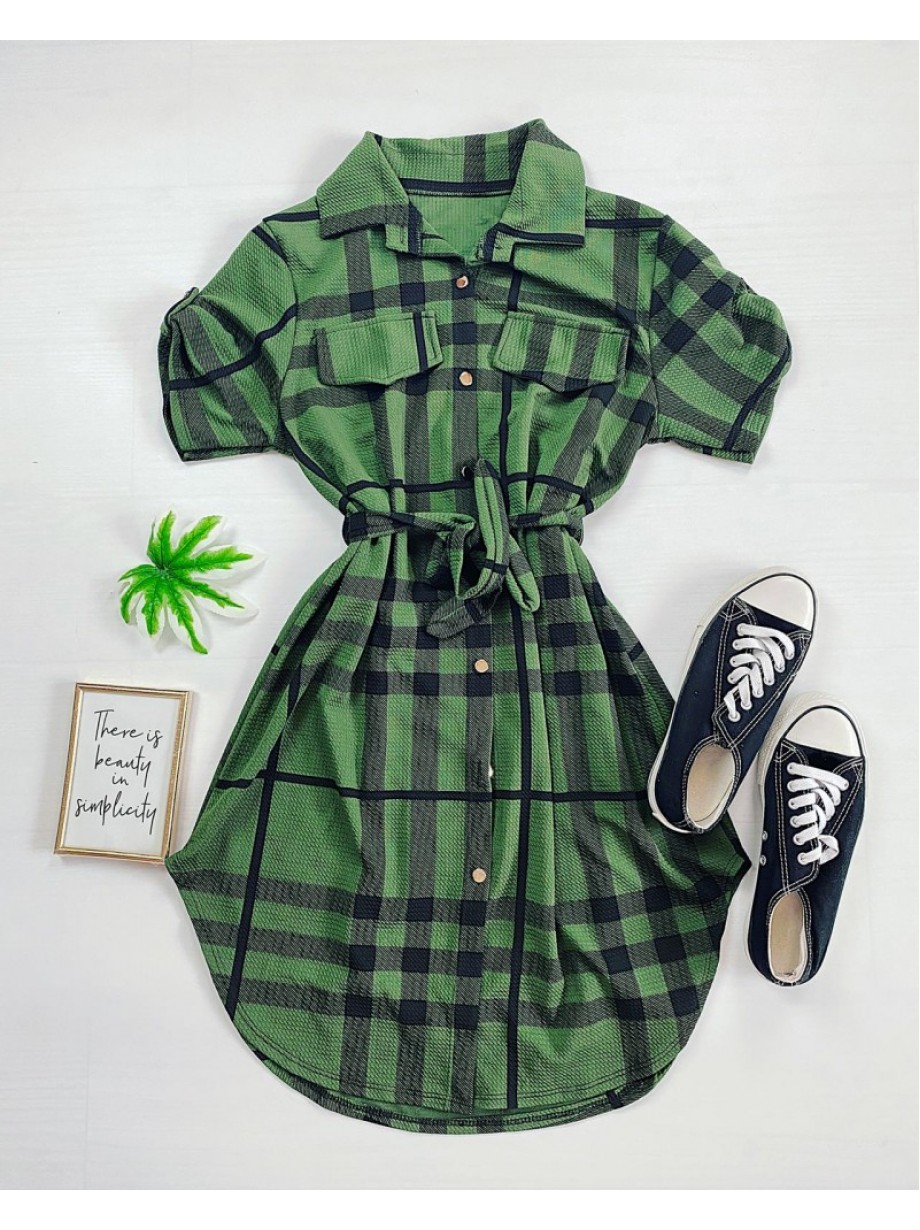 Rochie ieftina casual scurta stil camasa khaki si cordon in talie cu imprimeu dungi