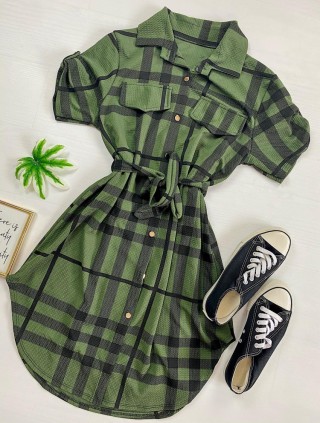 Rochie ieftina casual scurta stil camasa khaki si cordon in talie cu imprimeu dungi