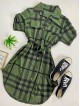 Rochie ieftina casual scurta stil camasa khaki si cordon in talie cu imprimeu dungi