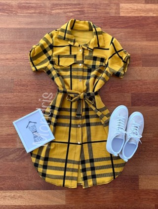 Rochie ieftina casual scurta stil camasa galbena si cordon in talie cu imprimeu dungi