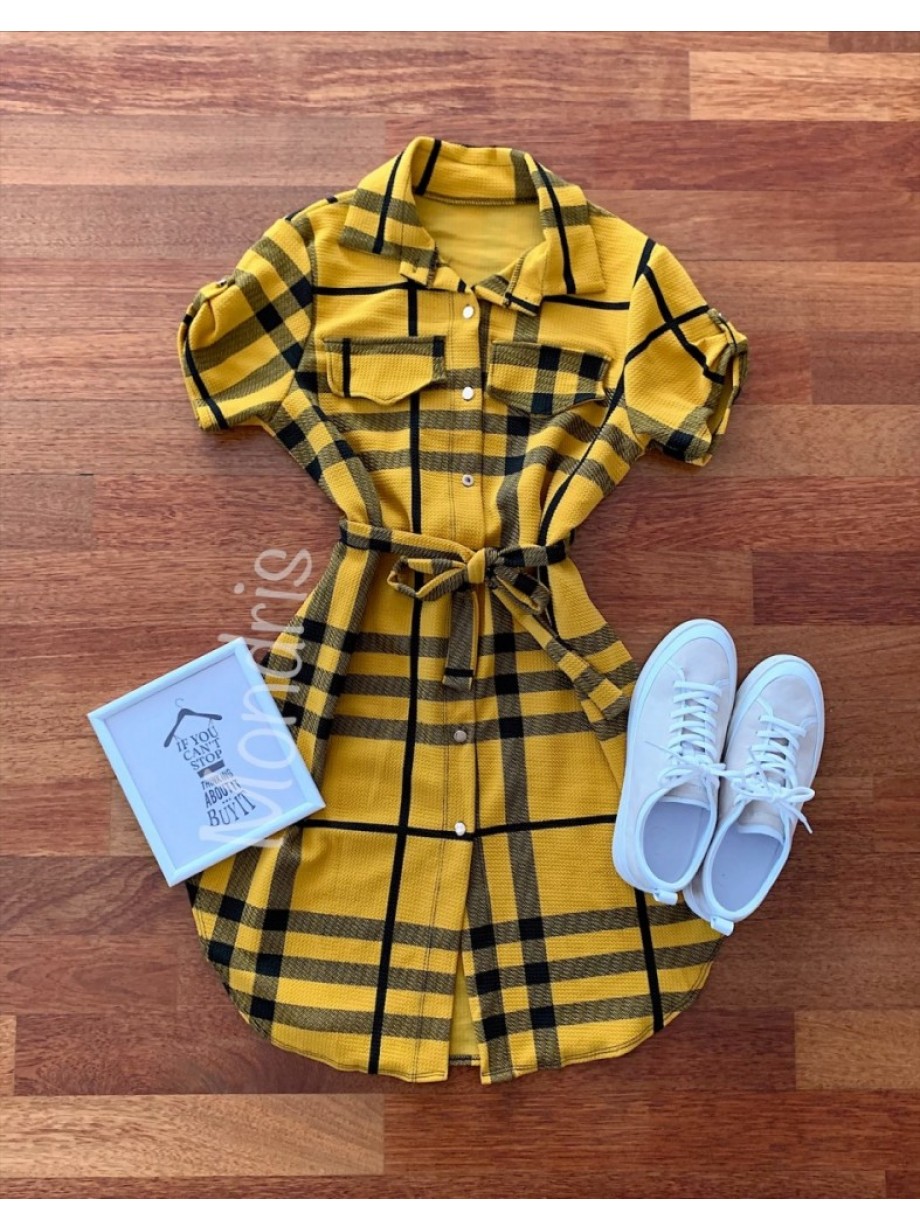Rochie ieftina casual scurta stil camasa galbena si cordon in talie cu imprimeu dungi