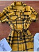 Rochie ieftina casual scurta stil camasa galbena si cordon in talie cu imprimeu dungi
