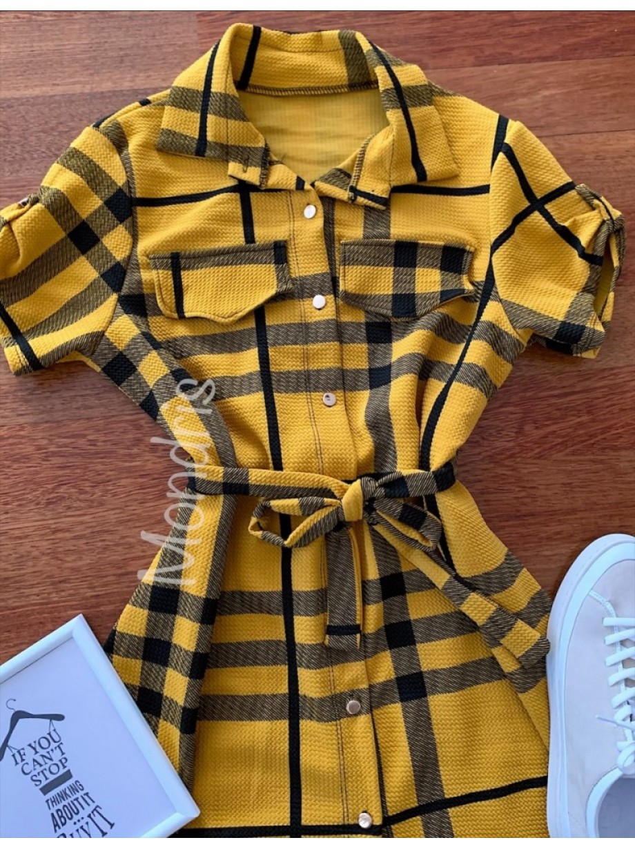 Rochie ieftina casual scurta stil camasa galbena si cordon in talie cu imprimeu dungi