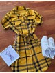 Rochie ieftina casual scurta stil camasa galbena si cordon in talie cu imprimeu dungi
