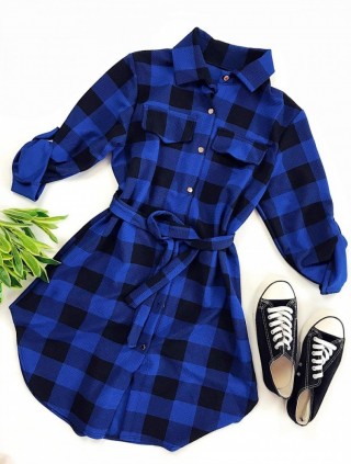 Rochie ieftina casual stil camasa lunga albastra cu carouri si cordon in talie