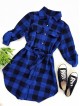 Rochie ieftina casual stil camasa lunga albastra cu carouri si cordon in talie