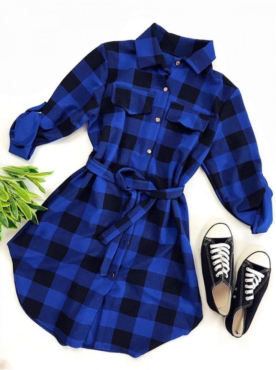 Rochie ieftina casual stil camasa lunga albastra cu carouri si cordon in talie