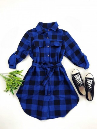 Rochie ieftina casual stil camasa lunga albastra cu carouri si cordon in talie