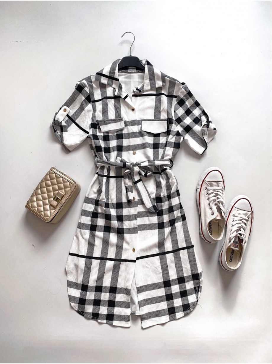 Rochie ieftina casual scurta stil camasa alba si cordon in talie cu imprimeu dungi